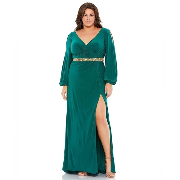 Mac Duggal 67747 NWT SPLIT SLEEVE SURPLICE GOWN (PLUS) - Picture 2 of 9